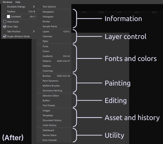 GIMP menu Windows reorder idea